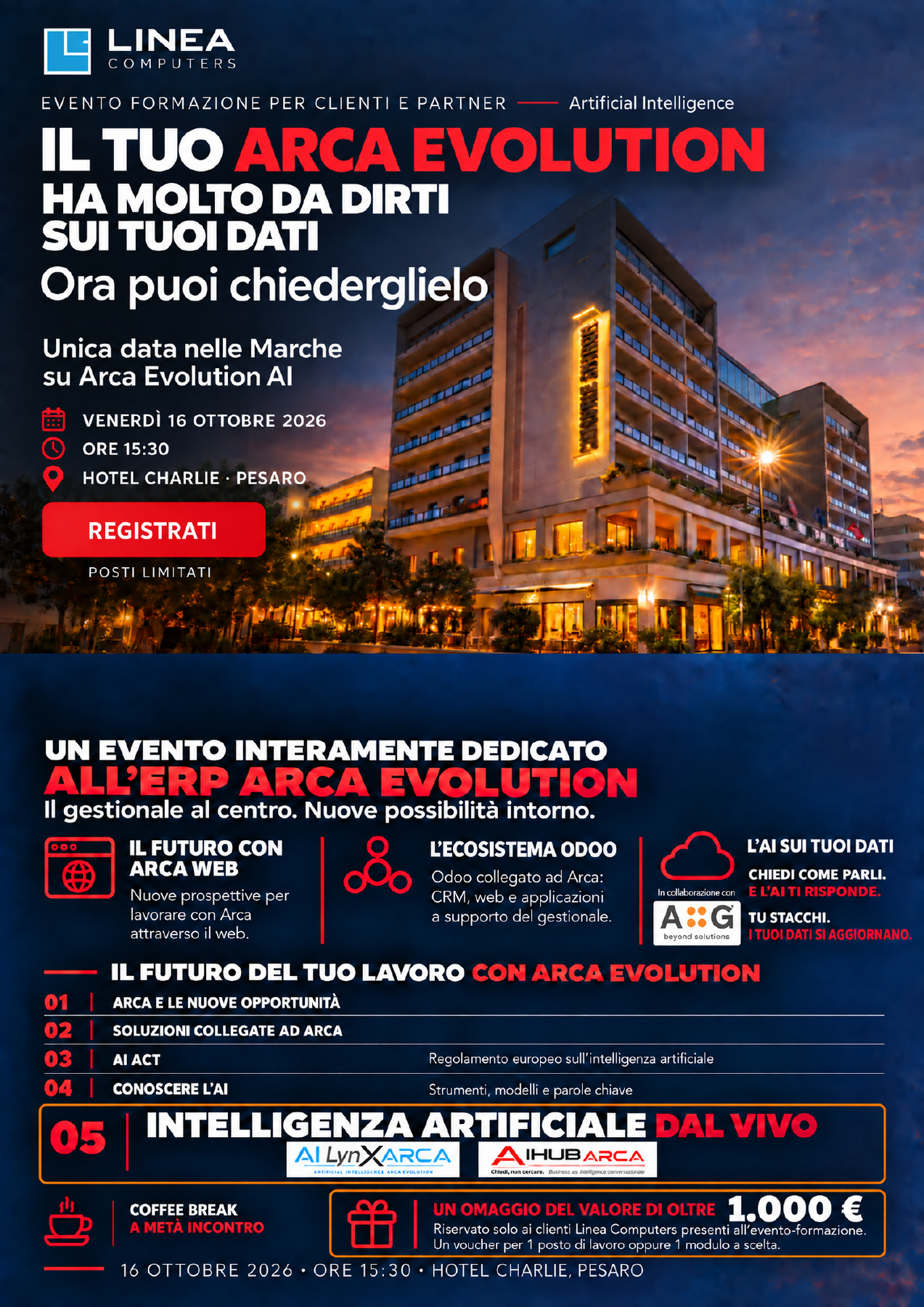 Locandina dell’evento Arca Evolution AI, 16 ottobre 2026, Hotel Charlie Pesaro